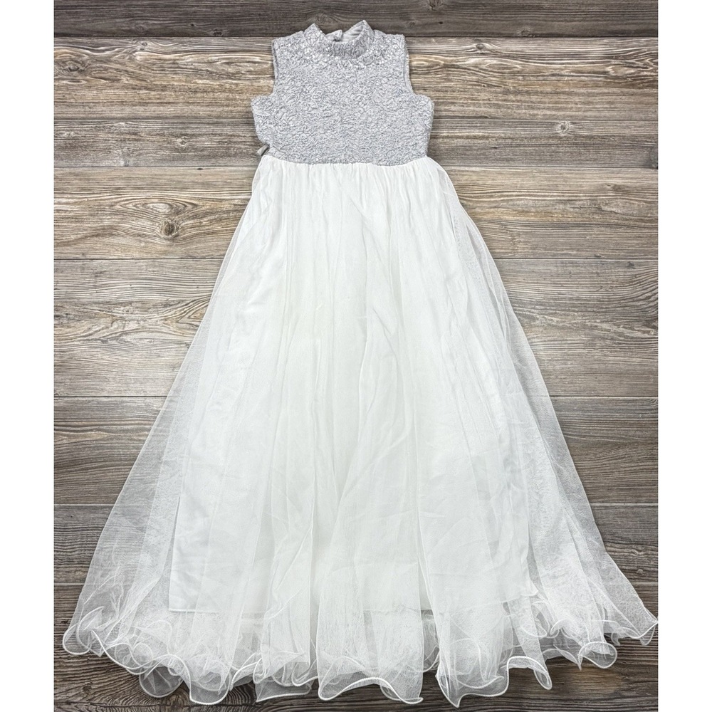 Speechless Silver Sequin Tulle Maxi Dress Girls Size 8 Flower Girl Special Event